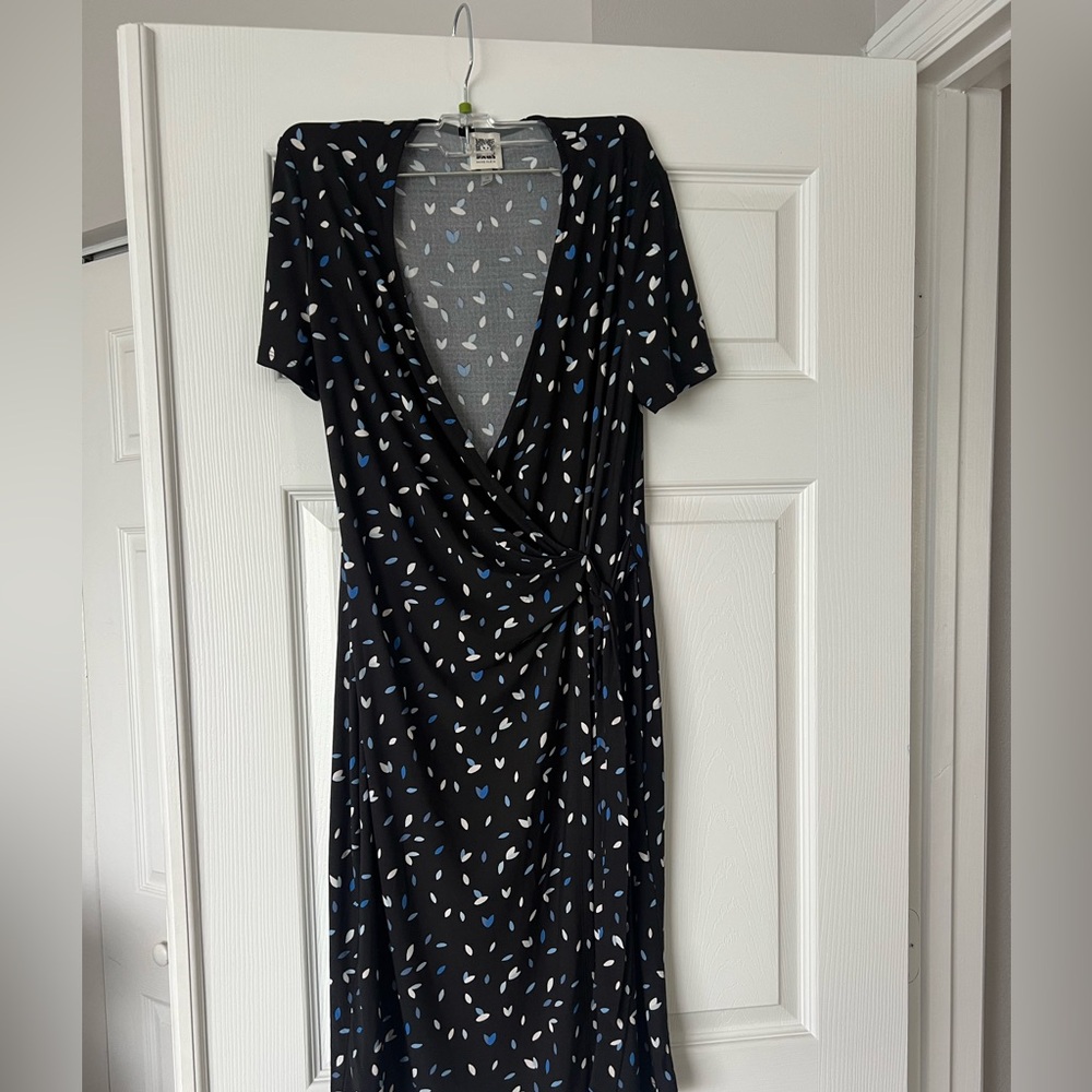 Anne Klein Black Midi Dress with Blue and White Pattern